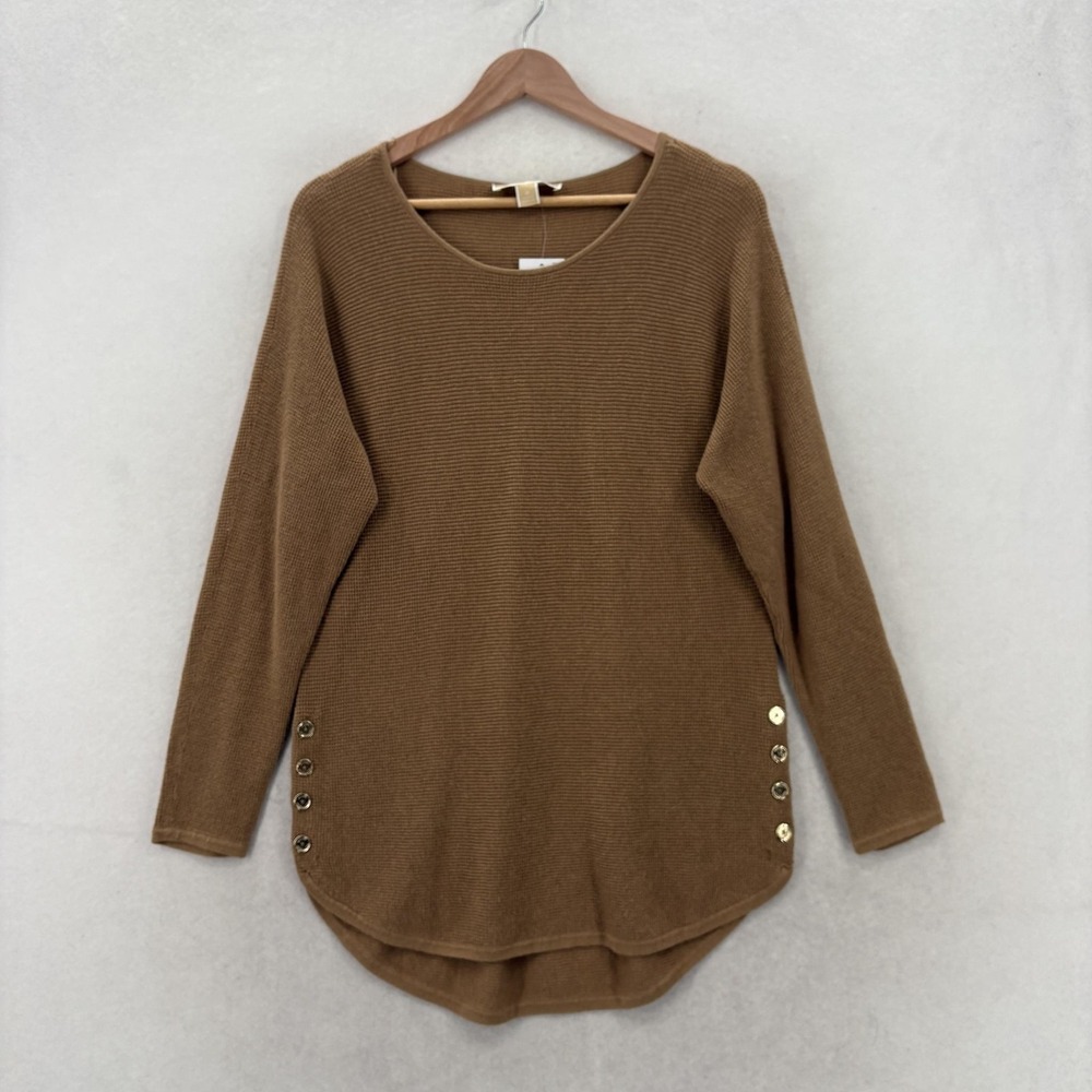MICHAEL Michael Kors Sweater Tunic Womens M Dark Camel Waffle Knit Side Button